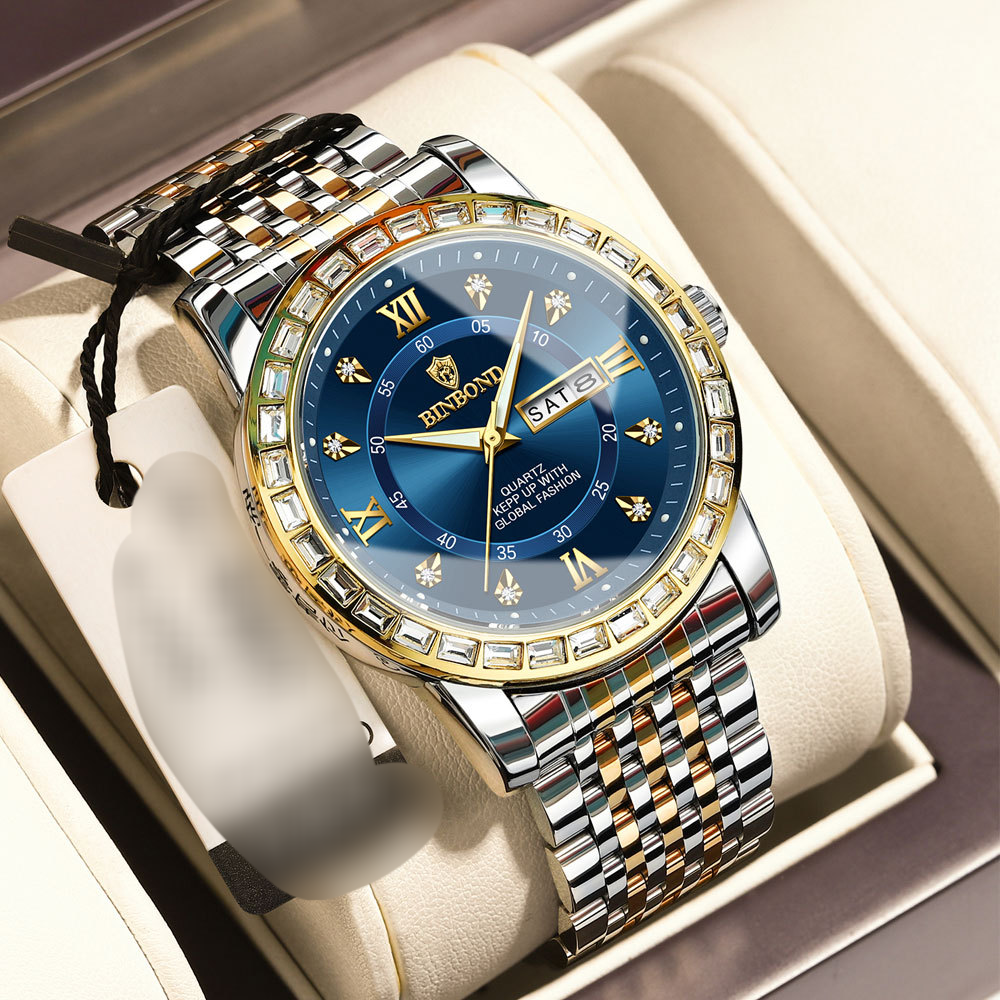 Trendy Fashion Business Diamond Set Mechanical Dual Calendar Waterproof Night Glow Quartz Men's Watch_voghion.com